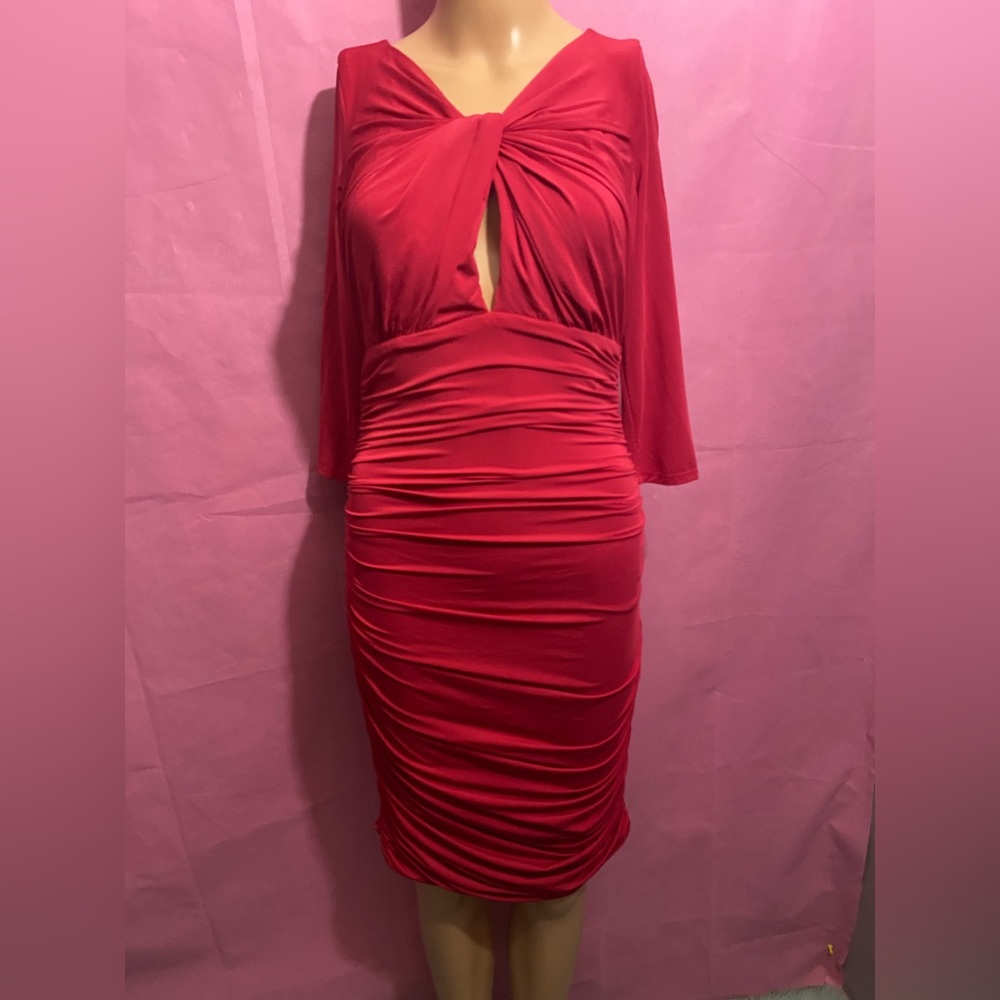 Halston Heritage pink raspberry colored ruched long sleeve dress wtchest cutout
